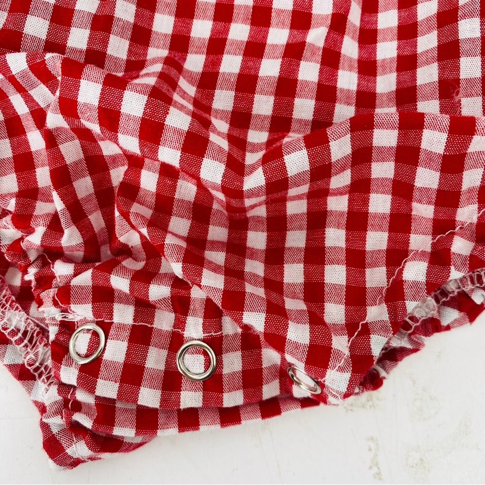 Marie Nicole Clothing Gingham Farm Animal Embroidered Romper Red White Ruffle - Picture 5 of 8